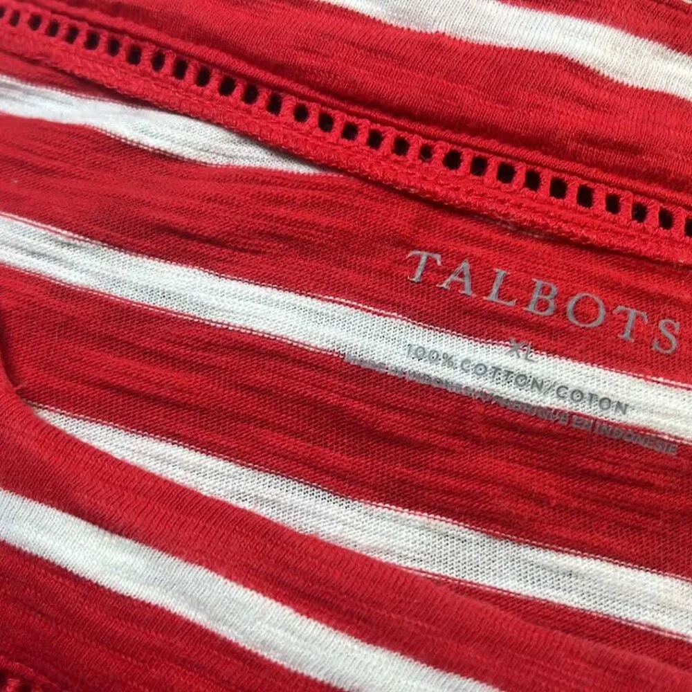 Talbots Cotton Top Red White Striped Square Neck Lattice Detail Sz L 3/4 Sleeves